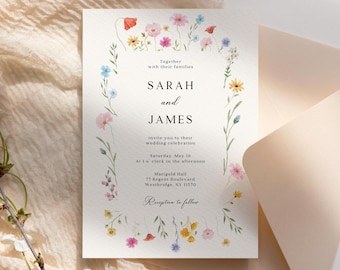Wildflower Wedding Invitation, Boho Floral Invite, Editable Canva Template