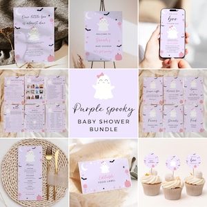 Halloween Girl Baby Shower Invitation Bundle, Purple Ghost Spooky Invite Set, A Little Boo Is Almost Due Bow Evite, Editable Canva Template
