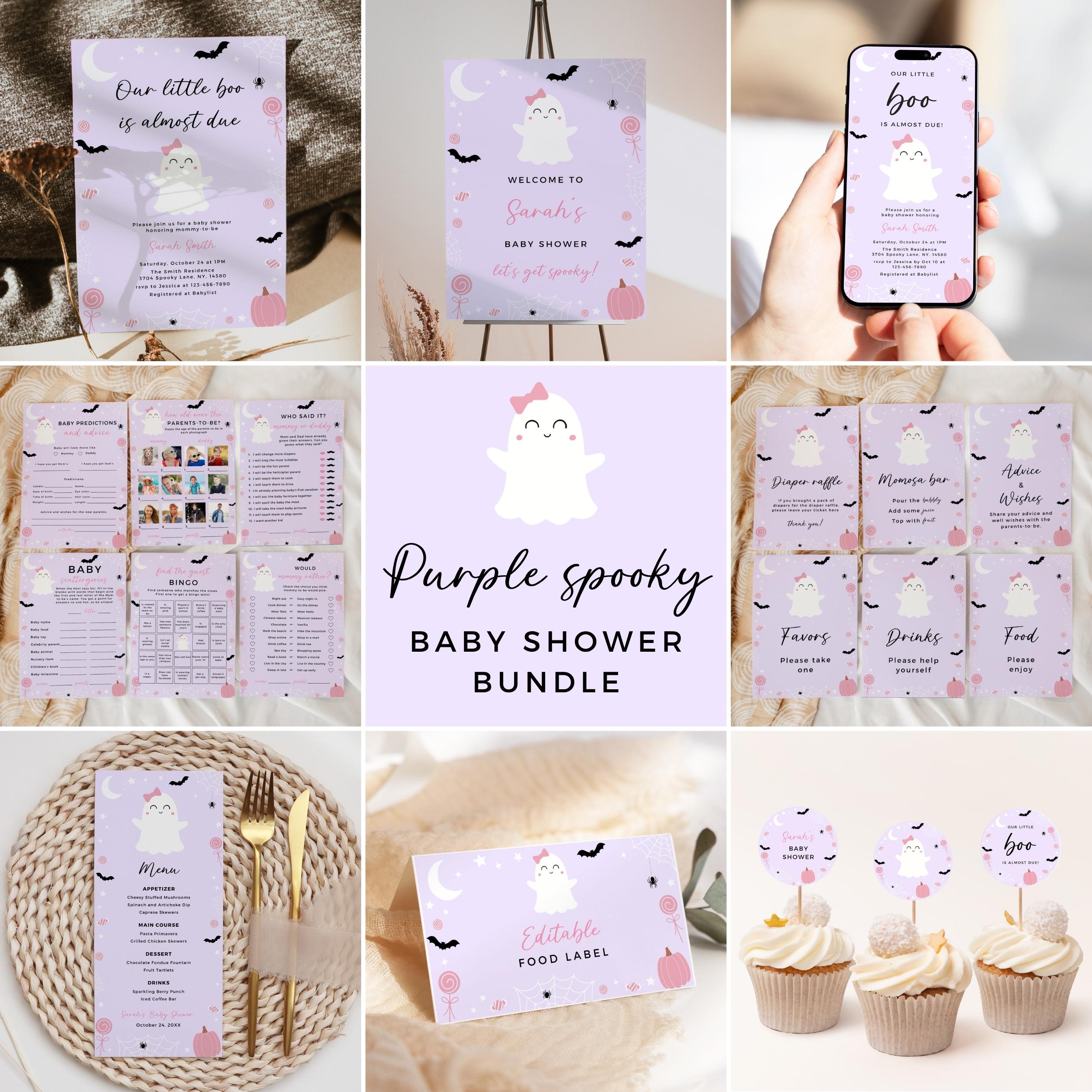 Halloween Girl Baby Shower Invitation Bundle, Purple Ghost Spooky Invite Set, A Little Boo Is Almost Due Bow Evite, Editable Canva Template