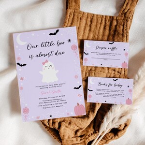 Halloween Girl Baby Shower Invitation Bundle, Purple Ghost Spooky Invite Set, A Little Boo Is Almost Due Bow Evite, Editable Canva Template