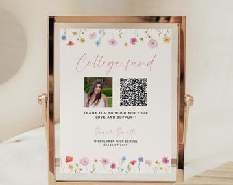 Cartello con codice QR per la raccolta fondi universitaria a tema fiori selvatici, decorazione modificabile per la festa di laurea (modello Canvas)