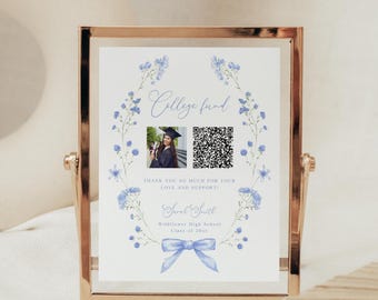 Cartello con codice QR per la raccolta fondi universitaria con motivo floreale blu, decorazione modificabile per la festa di laurea (modello Canvas)