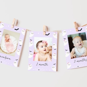 Spooky One Girl 1e eerste verjaardag paarse maandelijkse fotobanner schattig spook Halloween Spooktacular Party 12 maanden teken bewerkbare canvassjabloon