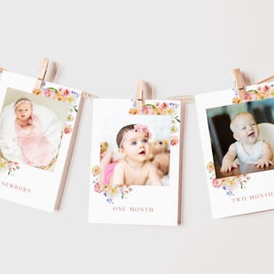 Floral Girl 1st Geburtstag Monatliches Banner, helle Blumen Sweet Baby First Bday elektronisches Foto Pic Meilenstein Zeichen, bearbeitbare Canva Vorlage
