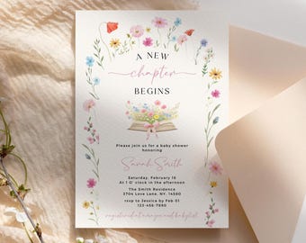 Invito per baby shower a tema "Un nuovo capitolo", invito per brunch a tema "Fiori selvatici", modello Canva modificabile