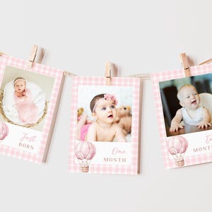 Somebunny Girl 1st Geburtstag Monatliches Banner Zeichen, Frühling Ostern Kaninchen Rosa Heißluftballon erstes Bday Decor Poster, bearbeitbare Canva Vorlage
