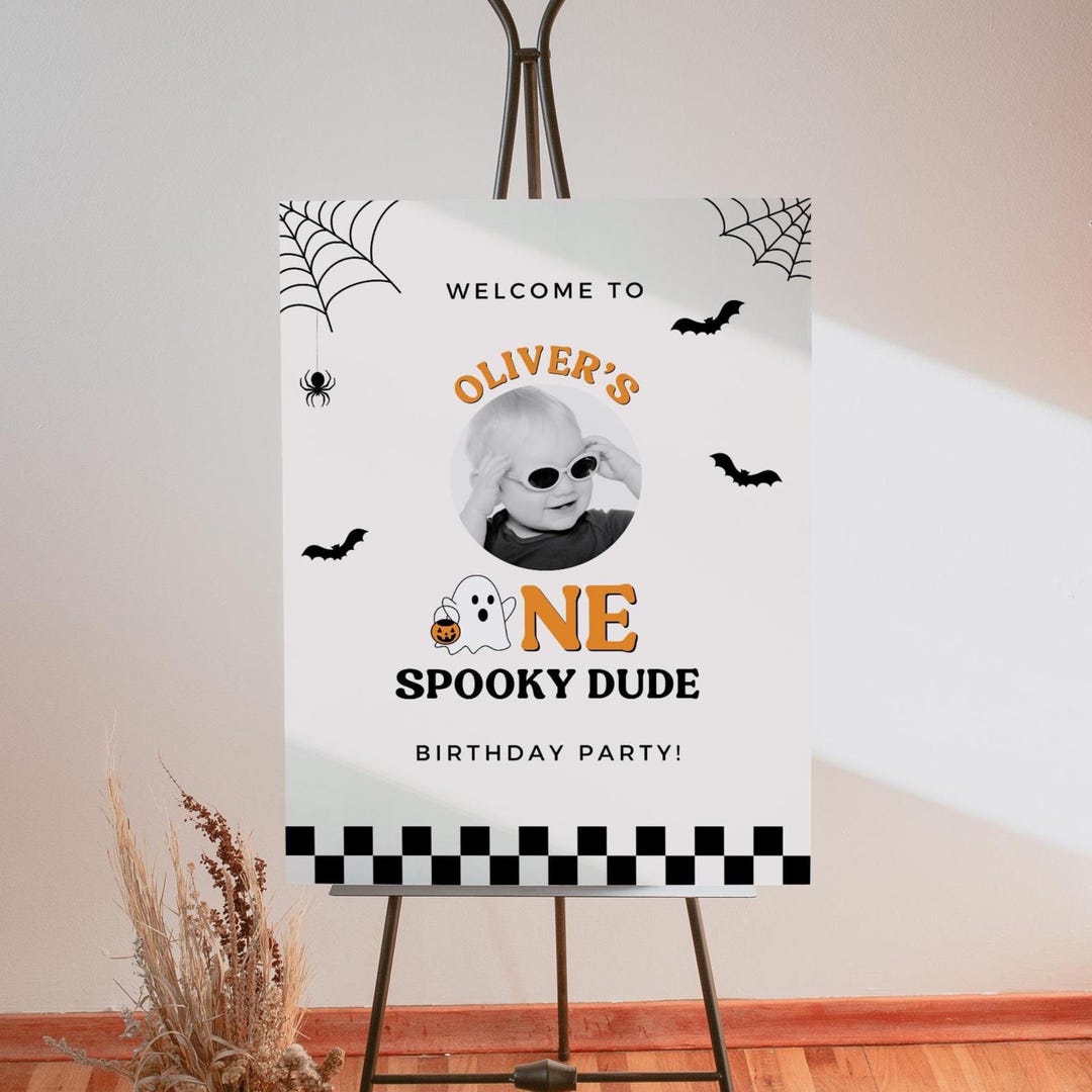 Spooky One Birthday Welcome Sign: Retro Ghost Photo, Editable Canva ...
