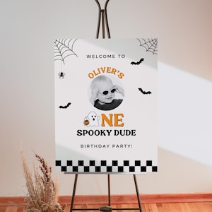 Spooky One Birthday Welcome Sign: Retro Ghost Photo, Editable Canva Template