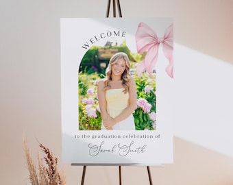 Pink Bow Graduation Welcome Sign: Coquette Photo Banner (Editable Canva Template)