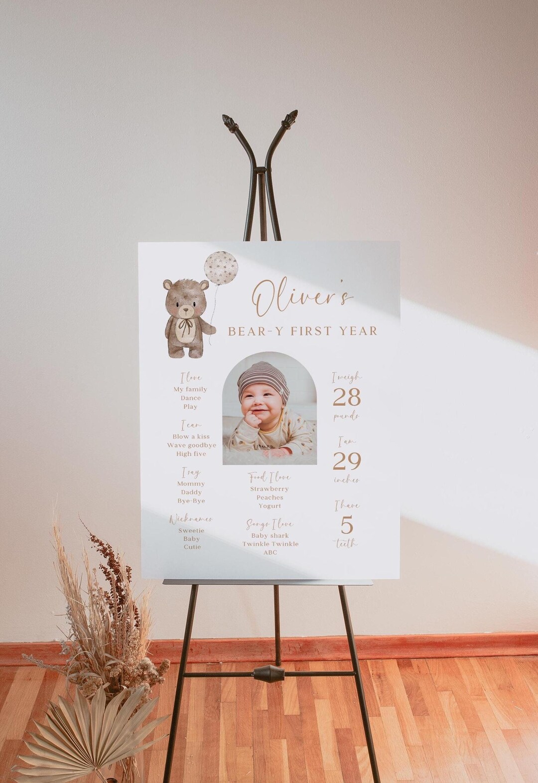 Teddy Bear 1st Birthday Milestone Sign: Boho Photo Poster (editable ...