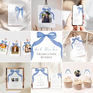 Blauer Bogen-Abschlussfeier-Ankündigungs-Einladungs-Bündel Coquette Girl Grad-Foto laden Paket, modernes Evite-Set, bearbeitbare Canva-Vorlage ein