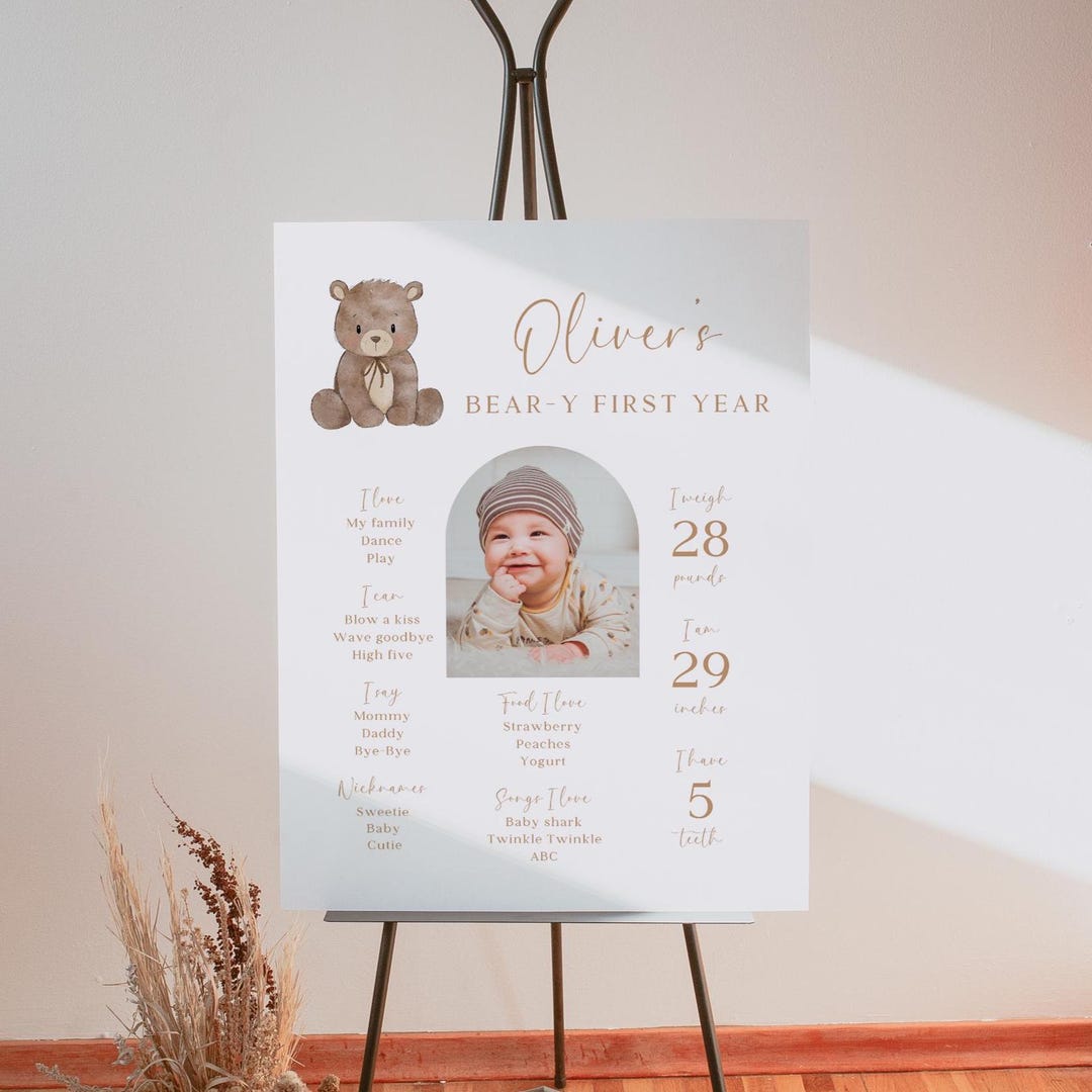 Teddy Bear 1st Birthday Milestone Sign: Boho Photo Poster (editable ...