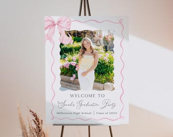 Pink Bow Graduation Welcome Sign: Coquette Photo Banner (Editable Canva Template)