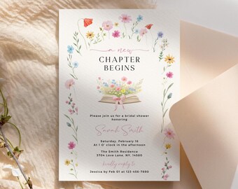 Invito per addio al nubilato a tema "Un nuovo capitolo", invito per brunch a tema fiori selvatici, modello Canva modificabile