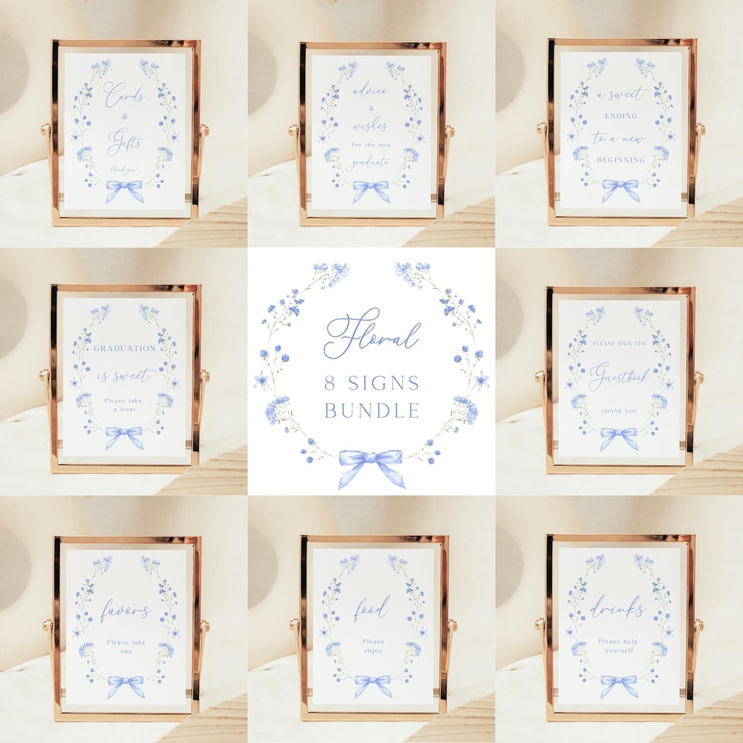 Blue Floral Graduation Party Signs Bundle: Boho Floral Decor (canva ...
