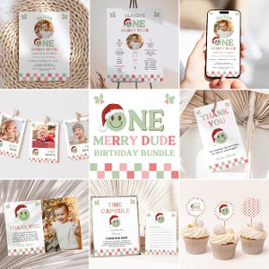 One Merry Dude Christmas Boy 1st Birthday Invitation Bundle, Winter Holiday First Birthday Package, One Happy Dude, Editable Canva Template