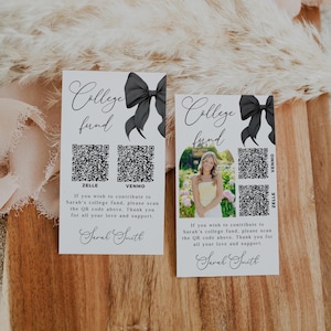 Black Coquette Graduation College Fund QR Code Card, Editable Grad Party Insert (Canva Template)