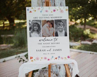 Cartello di benvenuto "Wildflower The Night Before", striscione "Questi ragazzi si sposano", modello Canva modificabile
