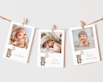 May include: Three white photo cards with brown teddy bear illustrations and text that reads "newborn", "one month", and "two months". Each card features a photo of a baby at different stages of development.