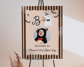 不気味な男の子の2歳の誕生日写真ウェルカムサイン、リトルブーハロウィンパーティー、編集可能なCanvaテンプレート