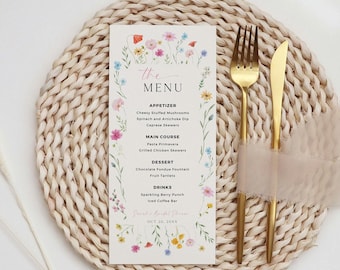 Plantilla de menú con flores silvestres: Boda bohemia, despedida de soltera, brunch de cumpleaños (plantilla editable de Canva)
