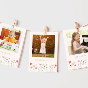 Afstudeerfotokaarten Wildflower, moderne fotobanner voor meisje Grad, bloemen het hele jaar door decorbord, bewerkbare canvassjabloon