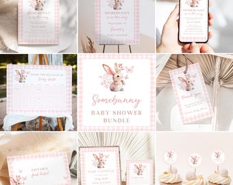 Uitnodigingsbundel voor Somebunny-babyshower: roze bloemen (bewerkbare canvassjabloon)