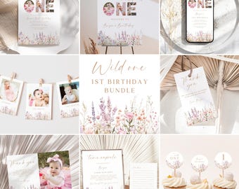 Zestaw zaproszeń na pierwsze urodziny z motywem dzikich kwiatów: boho floral (edytowalny szablon Canva)
