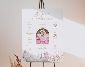 Tabliczka z okazji pierwszych urodzin Wildflower: tablica statystyk wiosennych kwiatów (edytowalna Canva, 18 x 24 cale)