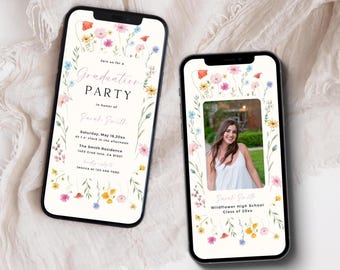 Invitación a fiesta de graduación con flores silvestres: Boho Floral Evite (Plantilla digital de Canva)