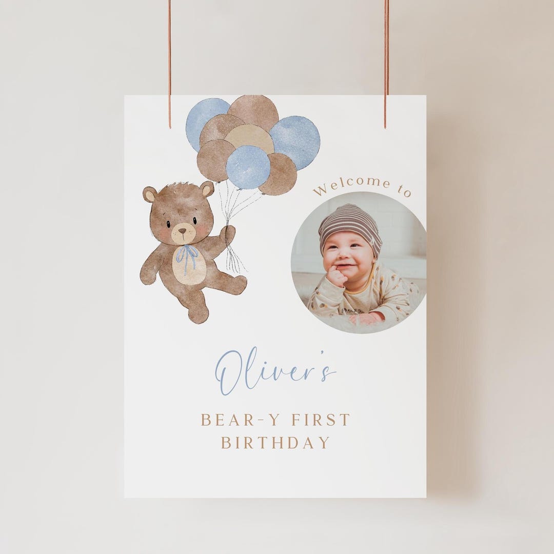 Teddy Bear 1st Birthday Welcome Sign: Blue Balloon Photo Poster ...