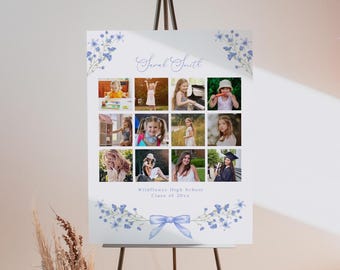 Cartello per collage di foto di laurea con fiocco blu e fiori: decorazioni per laurea Coquette (modello Canva modificabile)