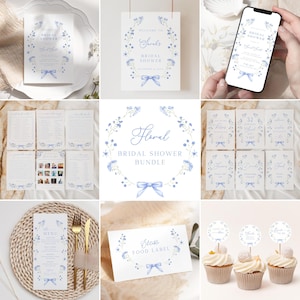 Dusty Blue Floral Bridal Shower Invitation Bundle, Wildflower Love In Bloom Bow Coquette Package, Wedding Couple, Editable Canva Template