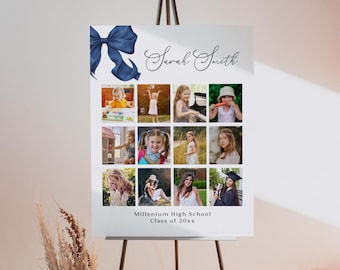 Cartello per collage di foto di laurea con fiocco blu: decorazioni eleganti per la laurea (modello Canva modificabile)