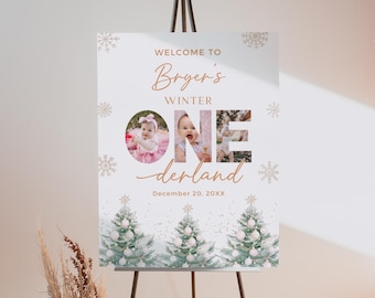 以下が含まれることがあります： 「Welcome to Bryer's Winter One-derland」のゴールドの文字が入った白いウェルカムサイン。赤ちゃん2人の写真、雪の結晶、クリスマスツリーが描かれています。「December 20, 20XX」の日付も含まれています。