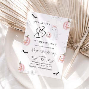 Pink Halloween Ghost 2nd Birthday Invitation: Editable Canva Template