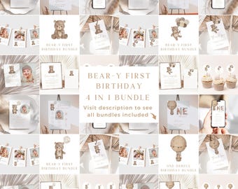 Teddy Bear 1st Birthday Invitation Bundle: Neutral Boho Decor (Editable Canva Template)