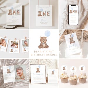 Pacchetto di inviti per il primo compleanno di Beary, set di decorazioni per foto di invito per il primo compleanno con orsetto di peluche boho minimalista e palloncino blu, modello Canva modificabile