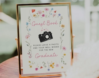 Photo Guestbook Graduation Sign, Wildflower Grad Decor Signage, Editable Canva Template
