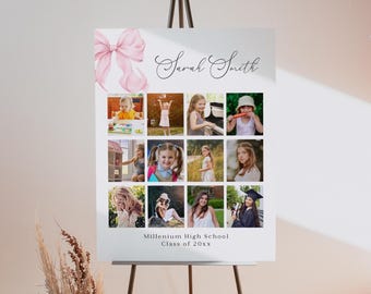 Cartello per collage di foto di laurea con fiocco rosa: decorazioni per laureati in stile chic (modello Canva modificabile)
