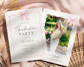 Pink Bow Graduation Party Invitation: Photo Grad Evite (Canva Template)