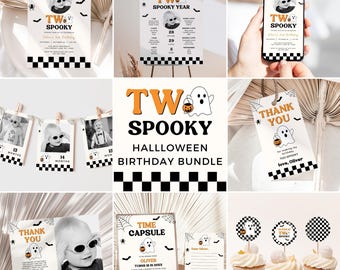 Op de afbeelding: Een verzameling Halloween-verjaardagsfeestartikelen. Inclusief uitnodigingen, een mijlpaalbanner, een bord, een telefoongrafiek, bedanklabels, een tijdscapsulekaart en cupcake-toppers. Het thema is "TWo Spooky" met een spook- en spinnenwebontwerp.