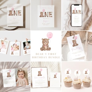 Bundel uitnodiging eerste verjaardag teddybeer: roze boho-decor (canvasjabloon, digitale download)