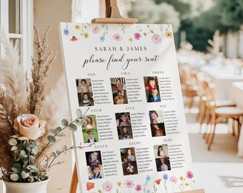 結婚式の「私たちが何歳だったか」写真付き席次表、ワイルドフラワーの子供時代の写真装飾（Canvaテンプレート）
