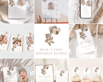 Teddy Bear 1st Birthday Invitation Bundle: Neutral Boho Decor (Editable Canva Template)