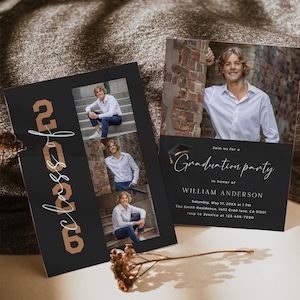 Modern examensinbjudan 2026, tillkännagivande för seniorpojke (redigerbar Canva-mall) bild 1