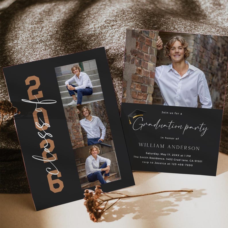 Modern examensinbjudan 2026, tillkännagivande för seniorpojke (redigerbar Canva-mall) bild 1