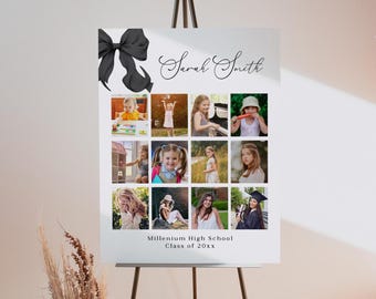 Cartello per collage di foto di laurea con fiocco nero: decorazioni eleganti per la laurea (modello Canva modificabile)