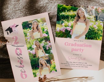 Pink Bow Graduation Party Invitation: Photo Grad Evite (Canva Template)
