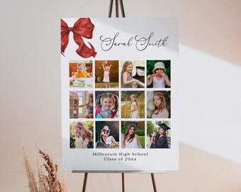 Cartello per collage di foto di laurea con fiocco rosso: decorazioni eleganti per la laurea (modello Canva modificabile)